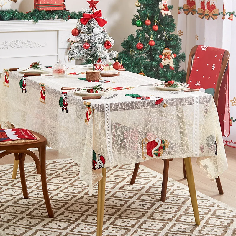 New Year Table Cloth Christmas Decoration White Transparent Printed Flower Tablecloth Santa Claus Holiday Party Table Cover