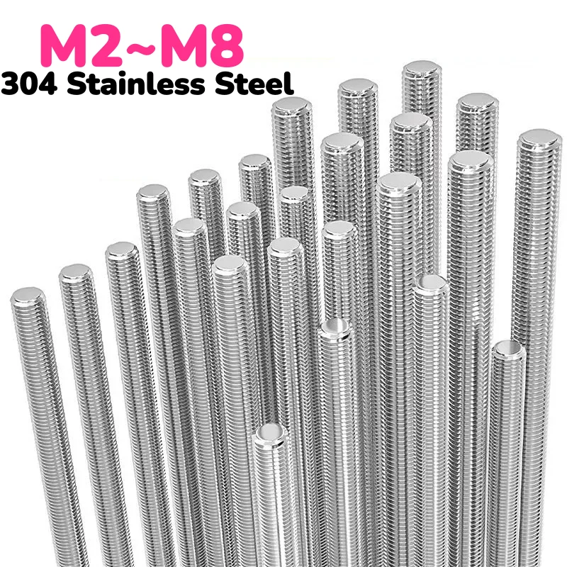 304 Stainless Steel M2 M2.5 M3 M4 M5 M6 M8 Full Threaded Rod Bolts Headless Bolt Metric Thread Stud Rods Screws