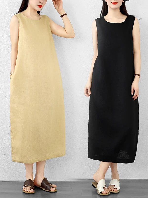 Summer 2026 New Style Casual Cotton Linen Sleeveless Straight Cut Vest Dress Versatile Simple Artistic Trendy Loose Fit Dress