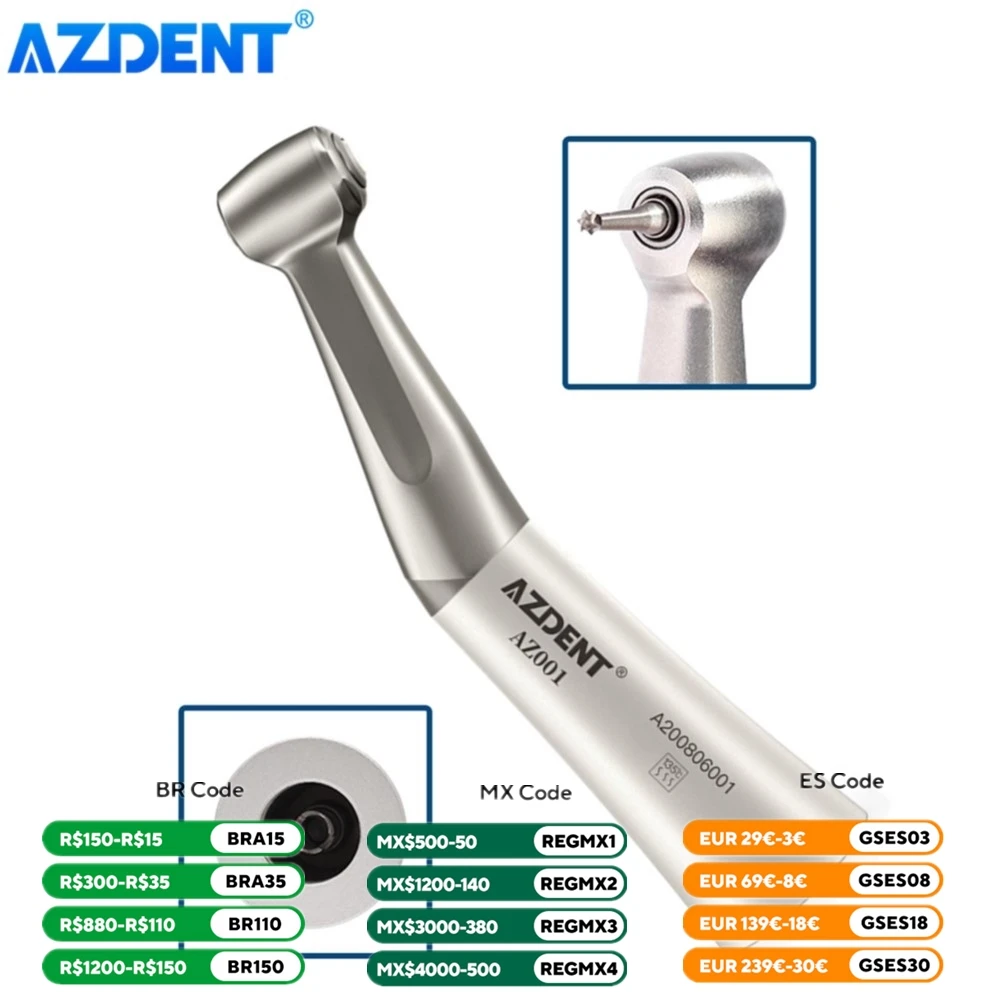 Peça de mão dentária de baixa velocidade, contra-ângulo azdent 1:1 para dentistas, tipo botão, instrumento de odontologia, motor de ar compatível