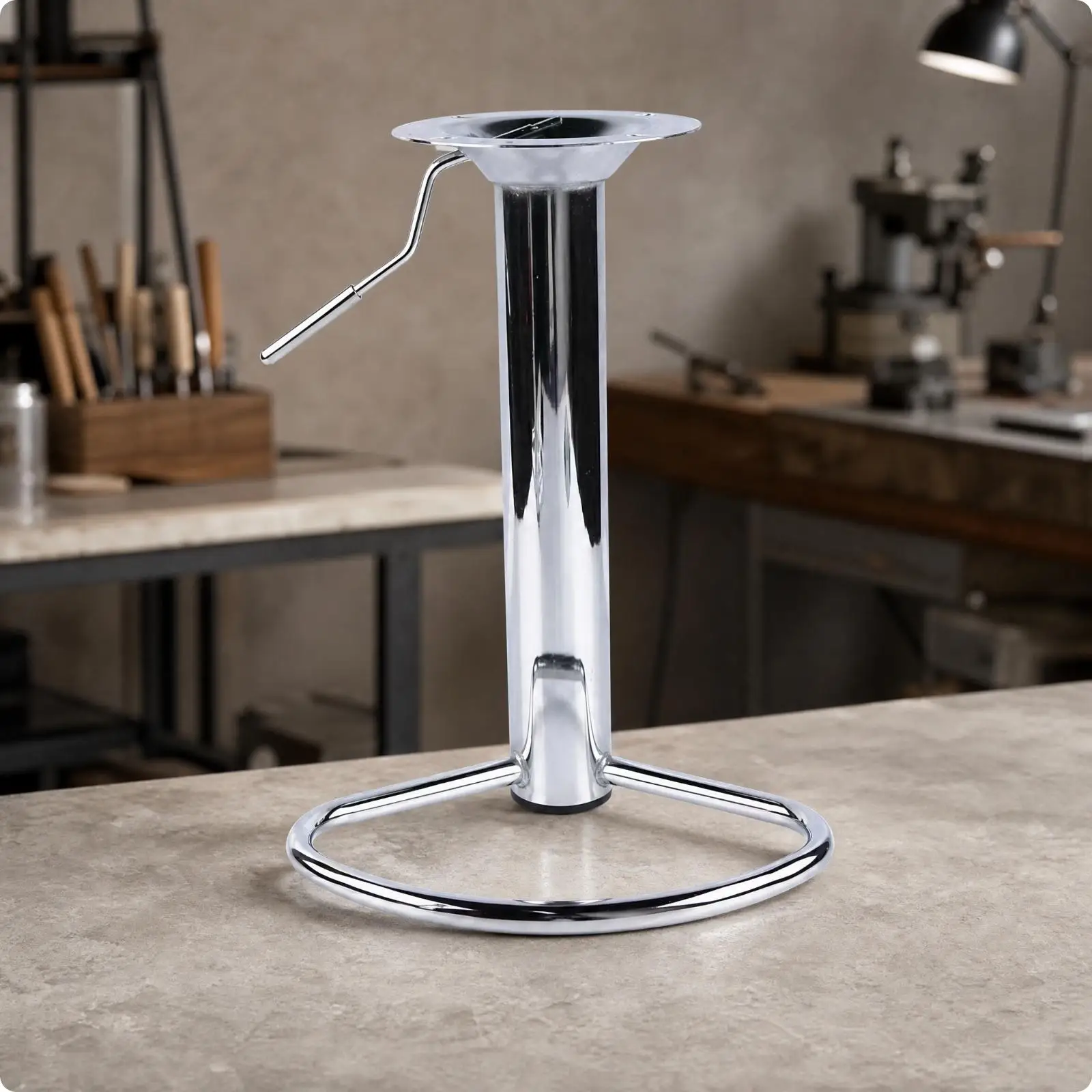 Adjustable Chrome Stool Base with Foot Rest Loop for DIY Bar Seating and Replacement Parts