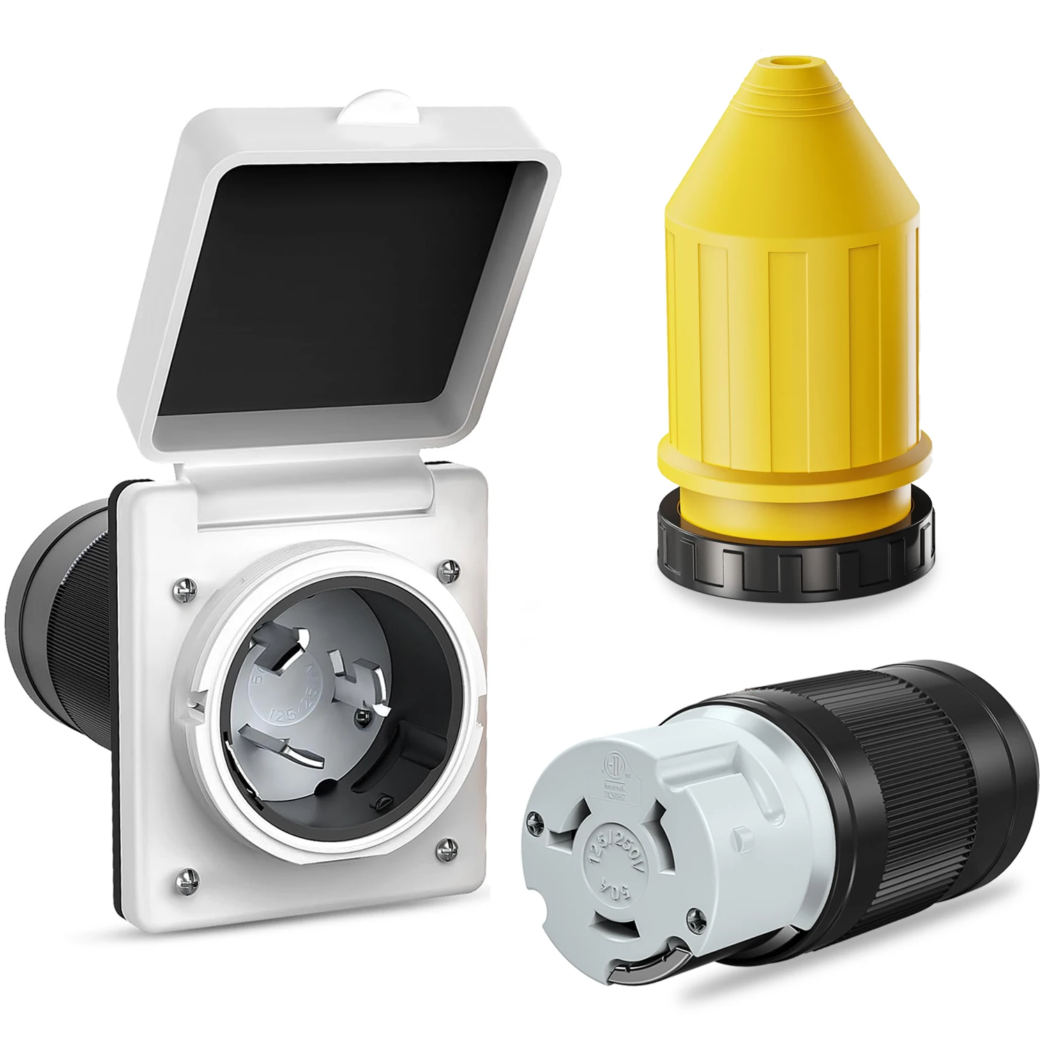 Kit de receptáculo de entrada de energía RV de 50A, enchufe de bloqueo giratorio hembra NEMA SS2-50R con cubierta de arranque, conector de alimentación Shore de 125/250V listado en ETL