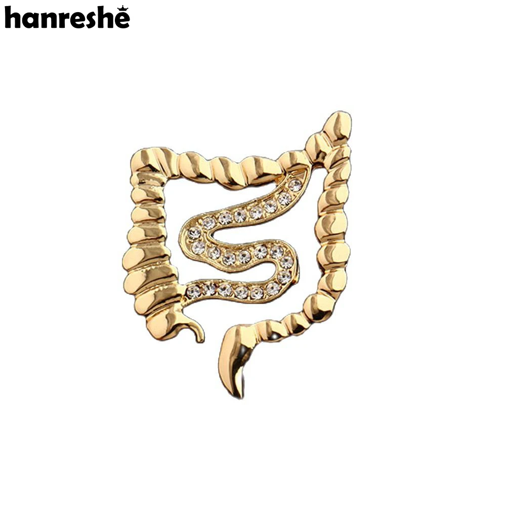 Hanreshe Intestine Shaped Crystal Brooch Pins Medical Gold Color Metal Human Organ Badge Anatomy Jewelry for Doctor Nurse Gifts