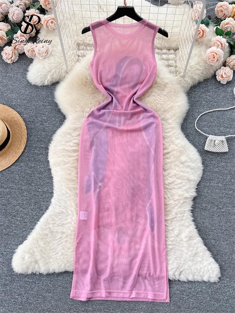 SINGREINY Summer Sheer Long Dress Image O Neck Sleeveless Split Bodycon Skinny Women Hotsweet Fashion Vacation Beach Sundress