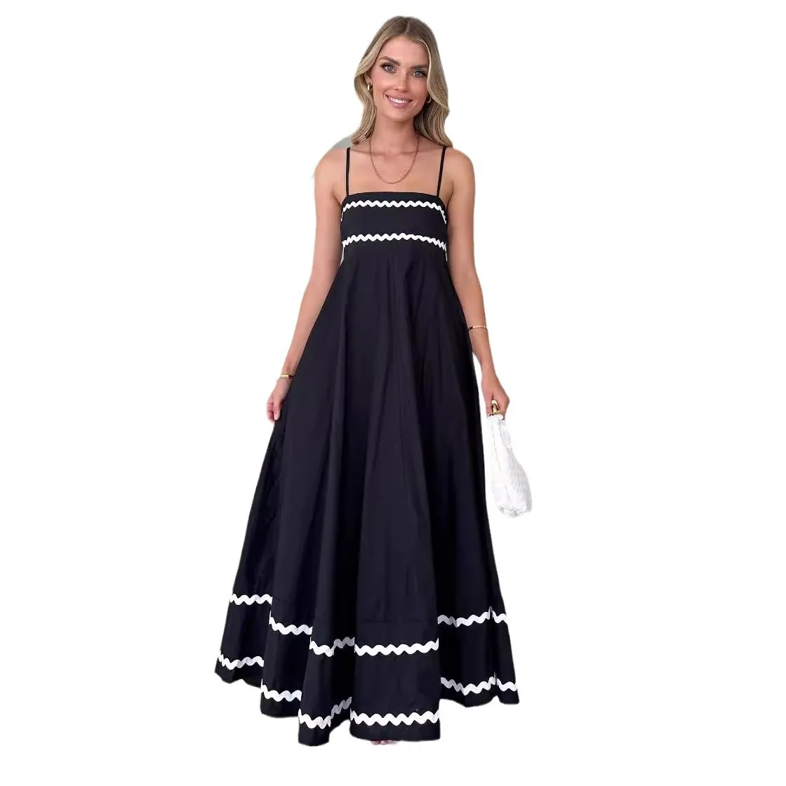 Europe and America 2024 Summer Strap Low Square Collar Layered Elegant Beach Holiday Party Long Dress