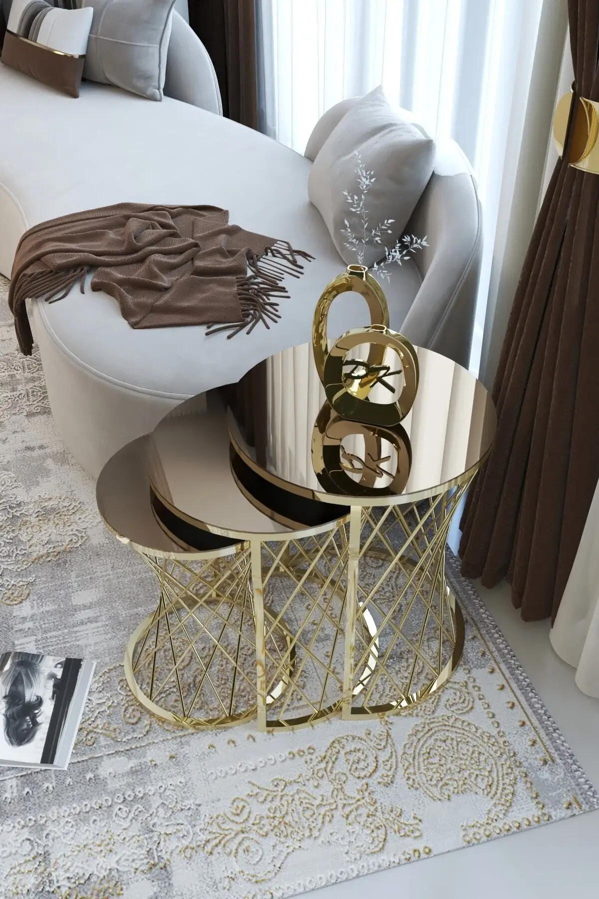 End Table WICKER MODEL TRIPLE COFFEE TABLE METAL STUDY TABLE GOLD AND SILVER METAL BRONZE, SMOKE MIRROR MARBLE PATTERNED