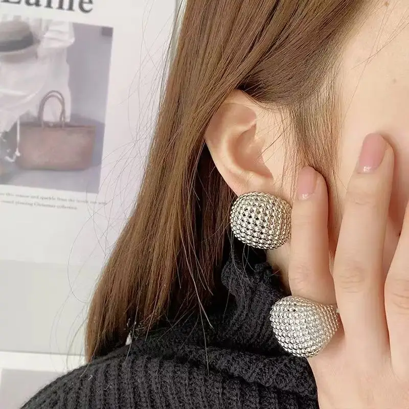 

3-Piece Set Metal Matte Jewelry for Women Oval Ear Studs Wide Bracelet Thick Ring Gift for Girlfriend Luxury Accessories