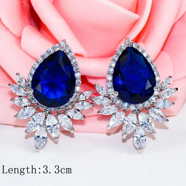 JMK Luxury Blue Crystal Cubic Zircon Stud Dangle Earrings For Women Bridal Wedding Silver Plated Party Accessories Jewelry
