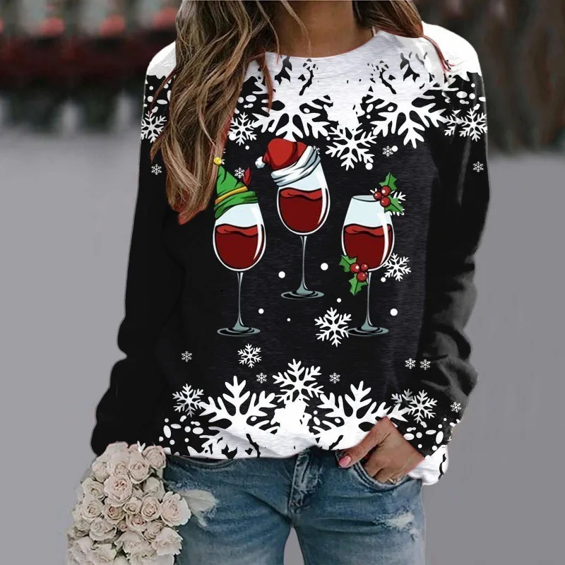 Christmas Hat, Red Wine Glass, Christmas Cartoon Print, Festive Atmosphere, 2024 Christmas Long Sleeved HoodieeWA2