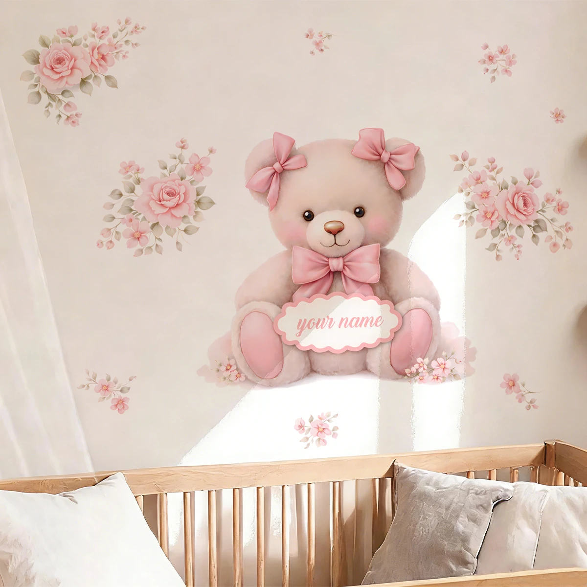 Custom Name Pink Bow Teddy Bear Wall Sticker Nursery Girls Room Child Room Murals Decal Kids Room Bedroom Living Room Home Decor