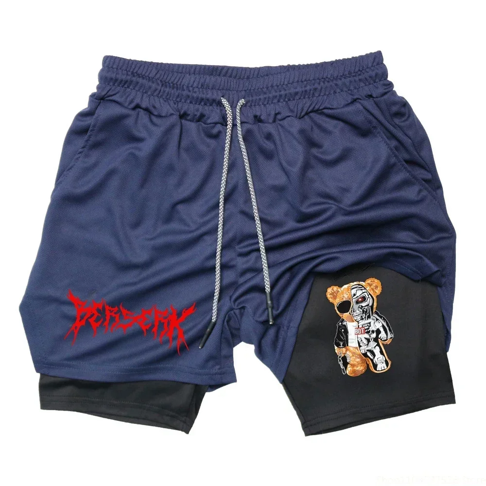 Double Training Shorts Running Anime Men\'s Gym Sports Quick-drying Training Exercise Fitness Jogging Mobile Phone Pants M-3XL