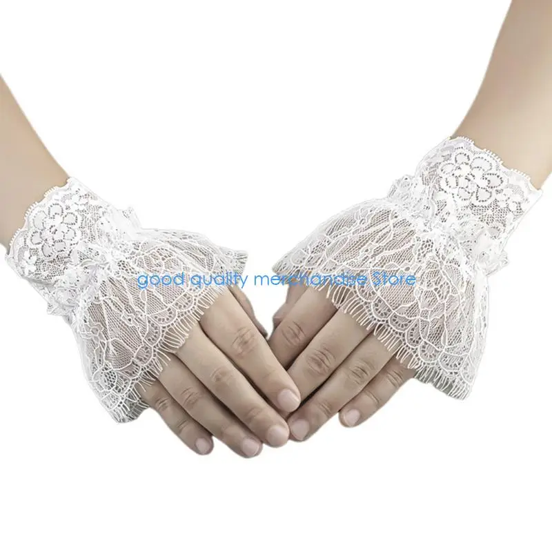 Y5JD المرأة سترة كم كاذبة الدانتيل مطوي الأكمام جوفاء هوك انفصال الأصفاد المعصم ديكور واقية من الشمس زينت الملحقات