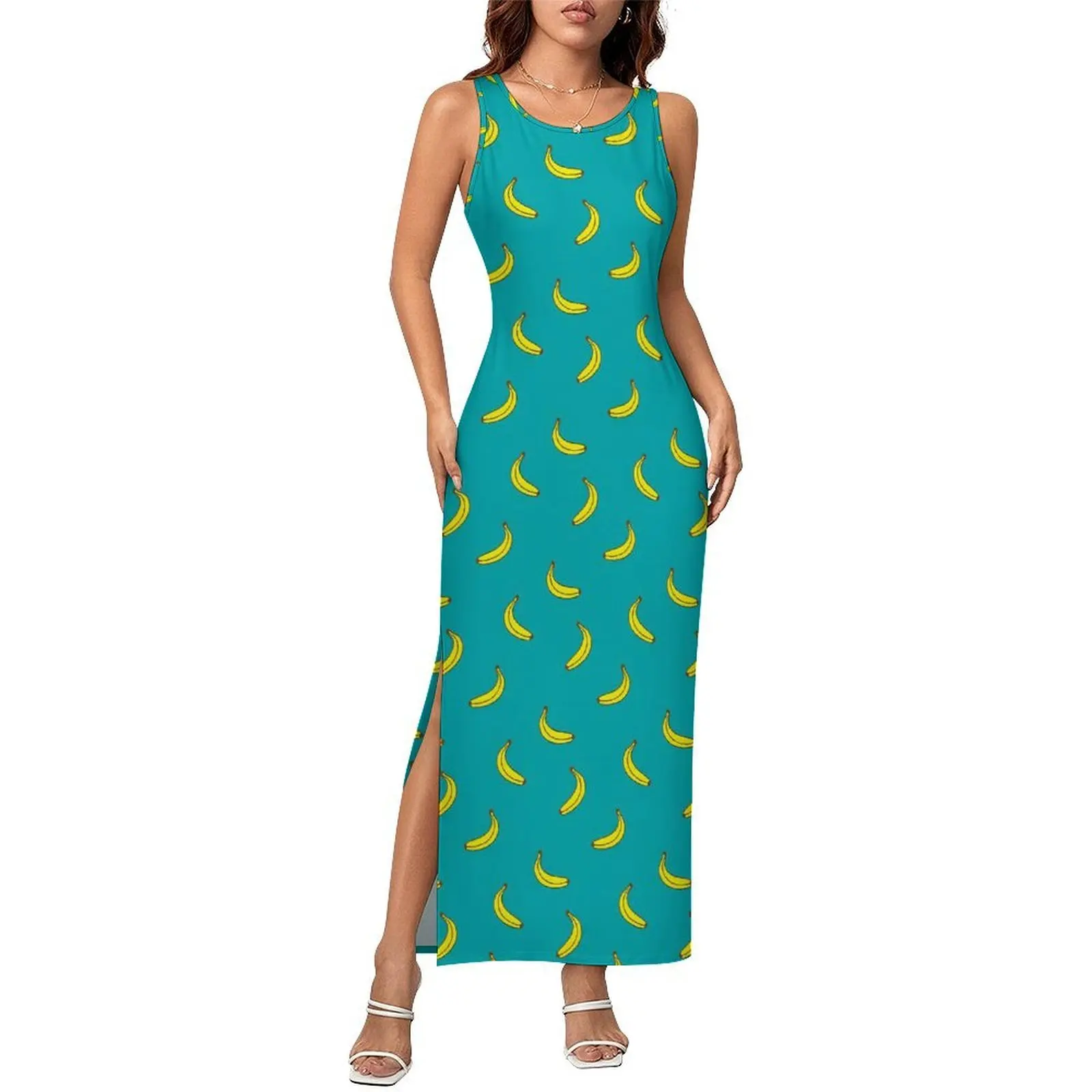 Banana Print Dress Sleeveless Green Yellow Club Sexy Maxi Dresses Summer Korean Fashion Pattern Bodycon Dress Big Size