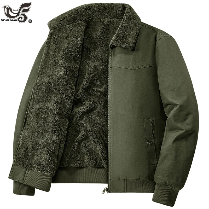 

Plus velvet thicken Winter jacket Men washed Pure cotton Coats Outwear Parkas men's double-sided wearing lamb wool flight jacket