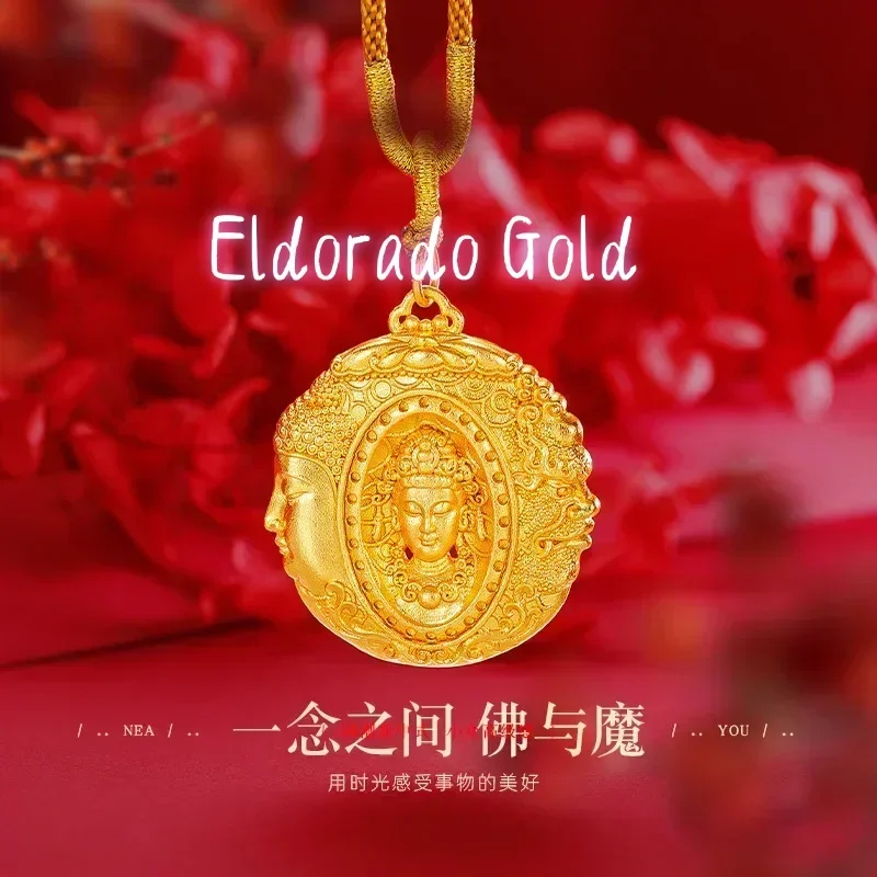 Pendentif tressé Eldorado Gold en or véritable 9999 24K, motif 'Un penser devient Bouddha', 'Un penser devient magie', 'Un penser Bouddha Diable'