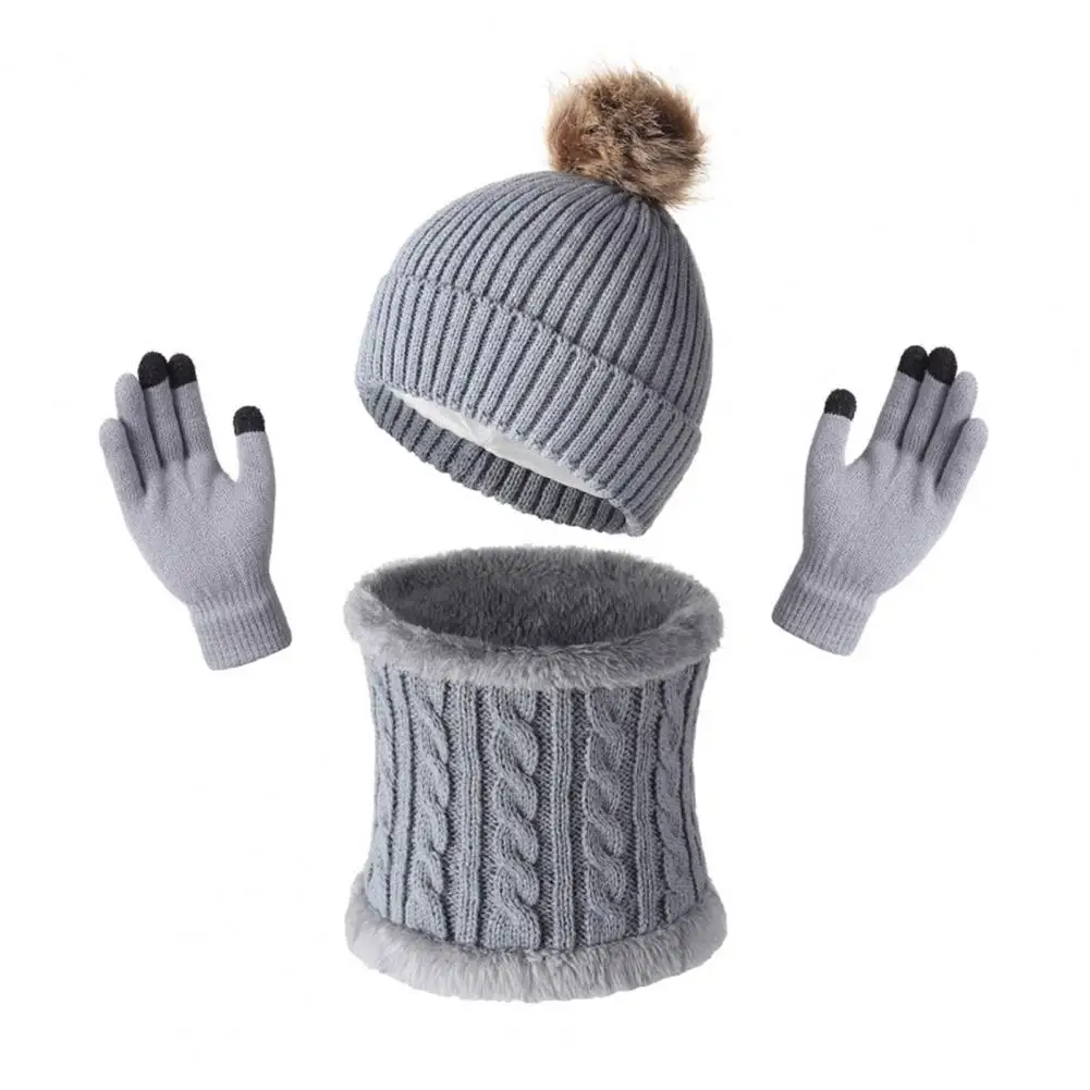 Breathable Kids Weather Set 3pcs Winter Hat Scarf Gloves Set Solid Color Twist Texture Velvet Lining Weather Gear for Neck