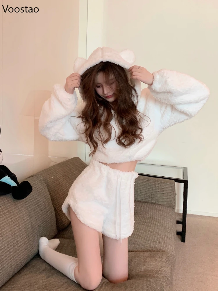 Kawaii Lolita Cute 2 Piece Sets Autumn Winter Women Sweet Chic Bear Ear Hooded Coat High Waist Shorts Girls Harajuku Hoodie Suit