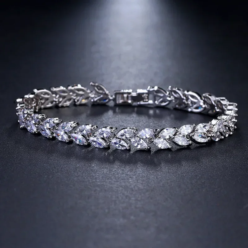 White Leaf Bracelets Bangles for Women Men Shinny Marquise Cut Cubic Zirconia Bridal Wedding Party Jewelry