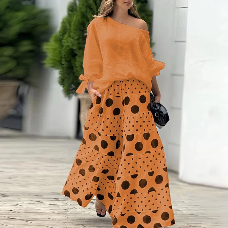 Women Fashion Polka Dot Print Office Set Fall Long Sleeve 2pcs Loose Suit Spring One Shoulder Blouse Top&Wide Leg Pants Outfits