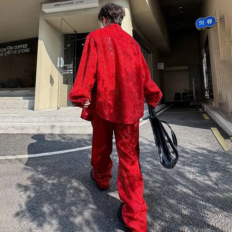 LUZHEN Stylish Nightclub Sparkling Original High End Casual Coat Straight Pants Men's Trendy Light Luxury Two-piece Sets LZ6199