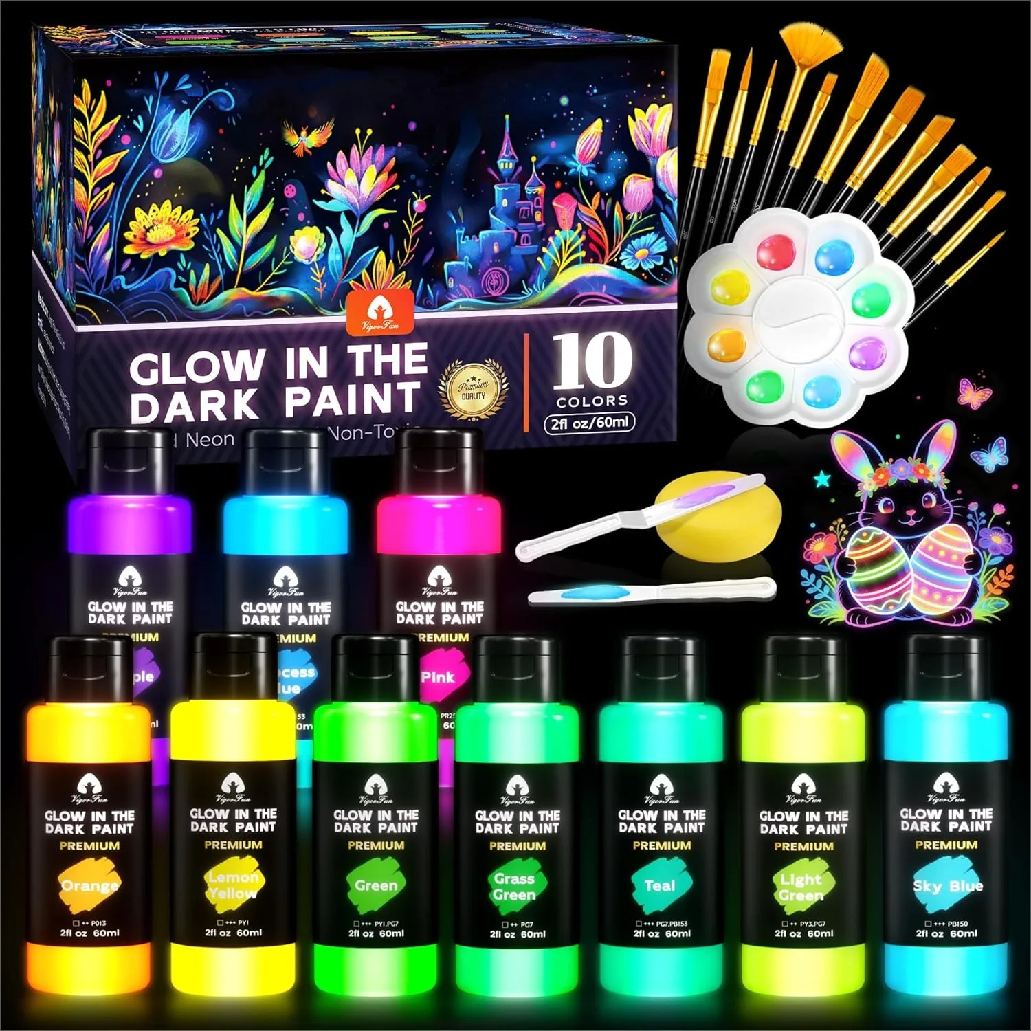 

Glow In The Dark Acrylic Paint Set 26 Pcs With 12 Brushes 2 Knives And Palette 10 Colors 60ml For Adults Artists Beginners Arts And Crafts Painting Kit