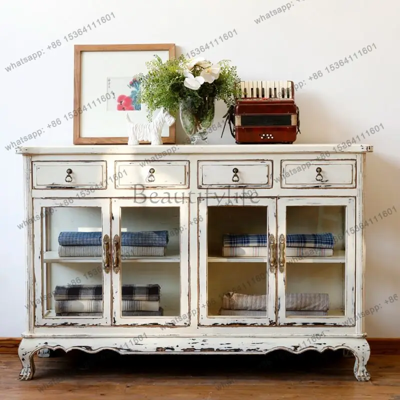 

American side cabinet, solid wood European-style rural pastoral retro old storage cabinet customization