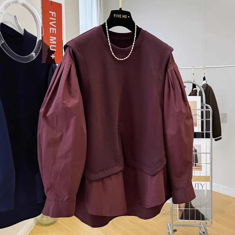 

plus Size 300 Pou Hoodie Sle irt Fake Two-Piece Men's Women's Autumn Winter Patchwork Design Sense Layered Wear Clothing