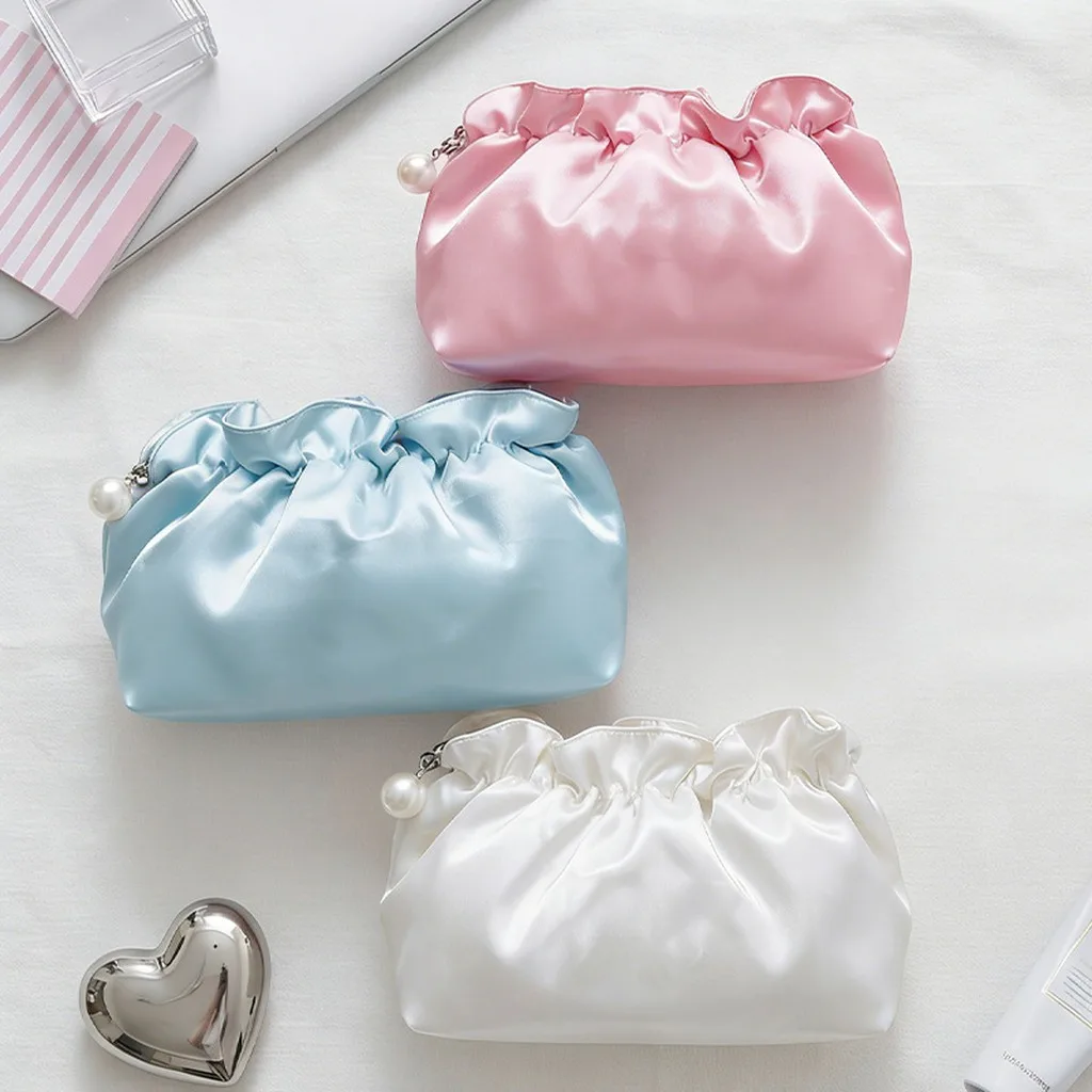 Cosmetic Bag Makeup Pouch for Women Satin Ruched Toiletry Bag with Pearl Pendant Travel Organizer Cloud Dumpling Storage Purse