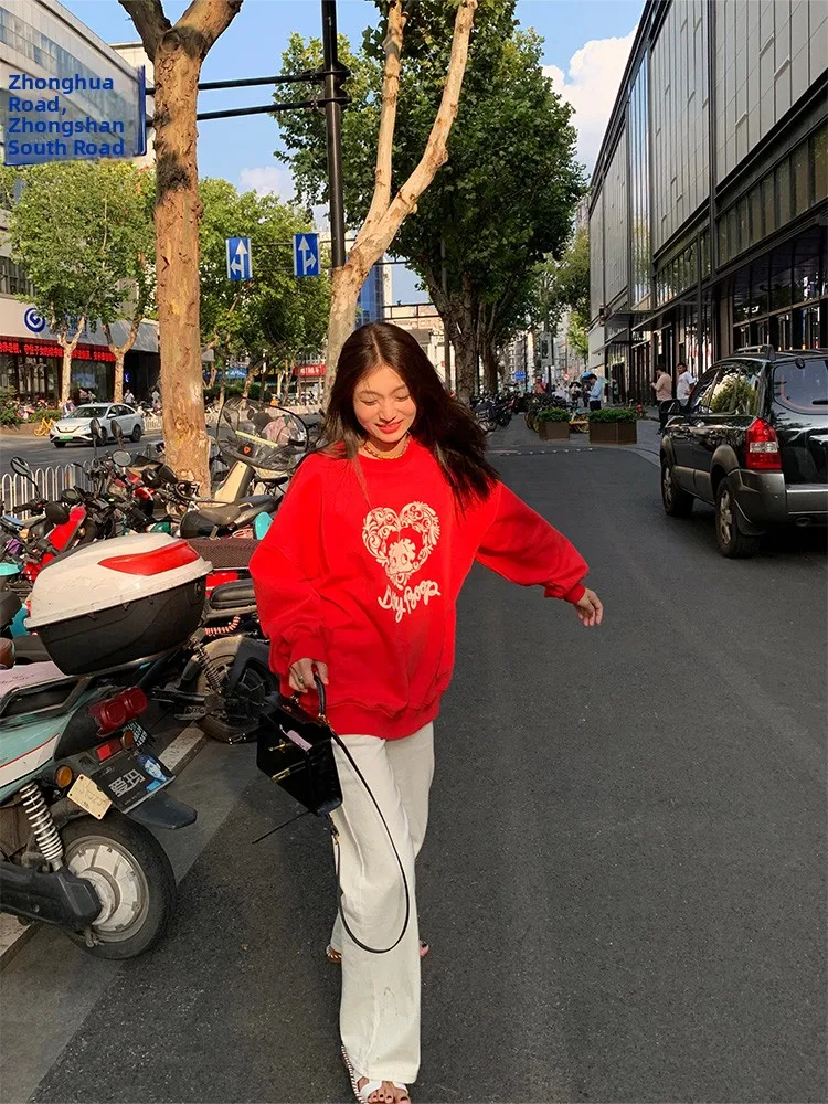 Dopne Fall Faion 2023 Hoodie Red Head over Foot Design Korean Sle Organic Cotton Long Sve Loose Fit Printed Sweatirt