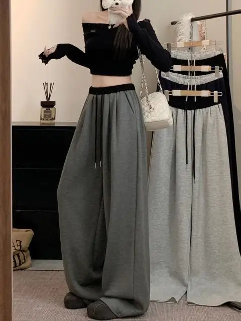 Summer 2026 High Waist Wide Leg Pants Drawstring Belted Casual Loose Air Layered Women's Trousers Color Block Straight Cut