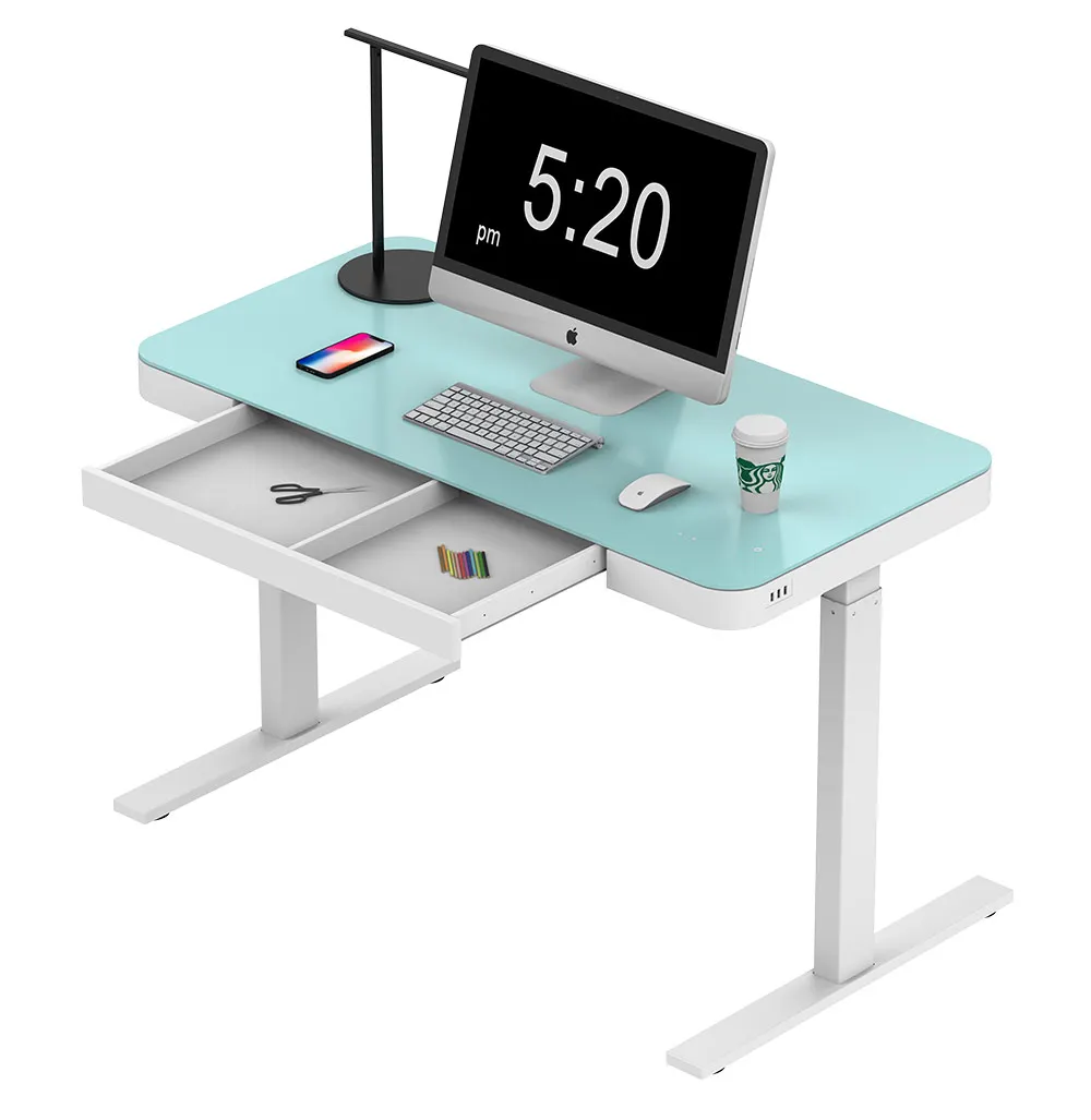 Office Ergonomic Smart Motor Table Glass Top Height Adjustable Computer Electric Standup Desk Sit Stand up Desk Wireless Charge