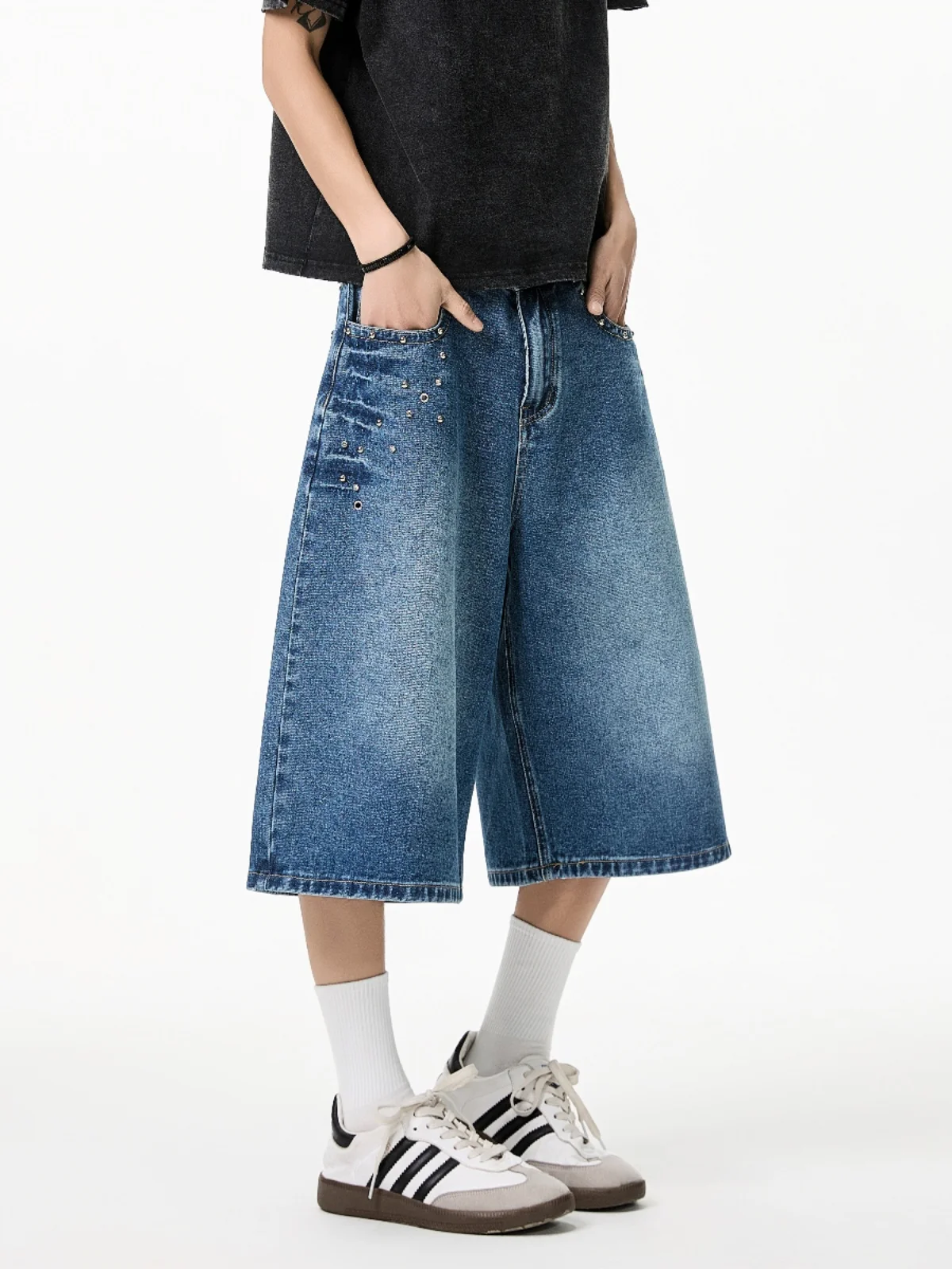 

Retro Waed American Sle Rivet Lightning Pattern ort Jeans Men's Spring Autumn Loose Straight Leg Wide Leg Seven Parts P...