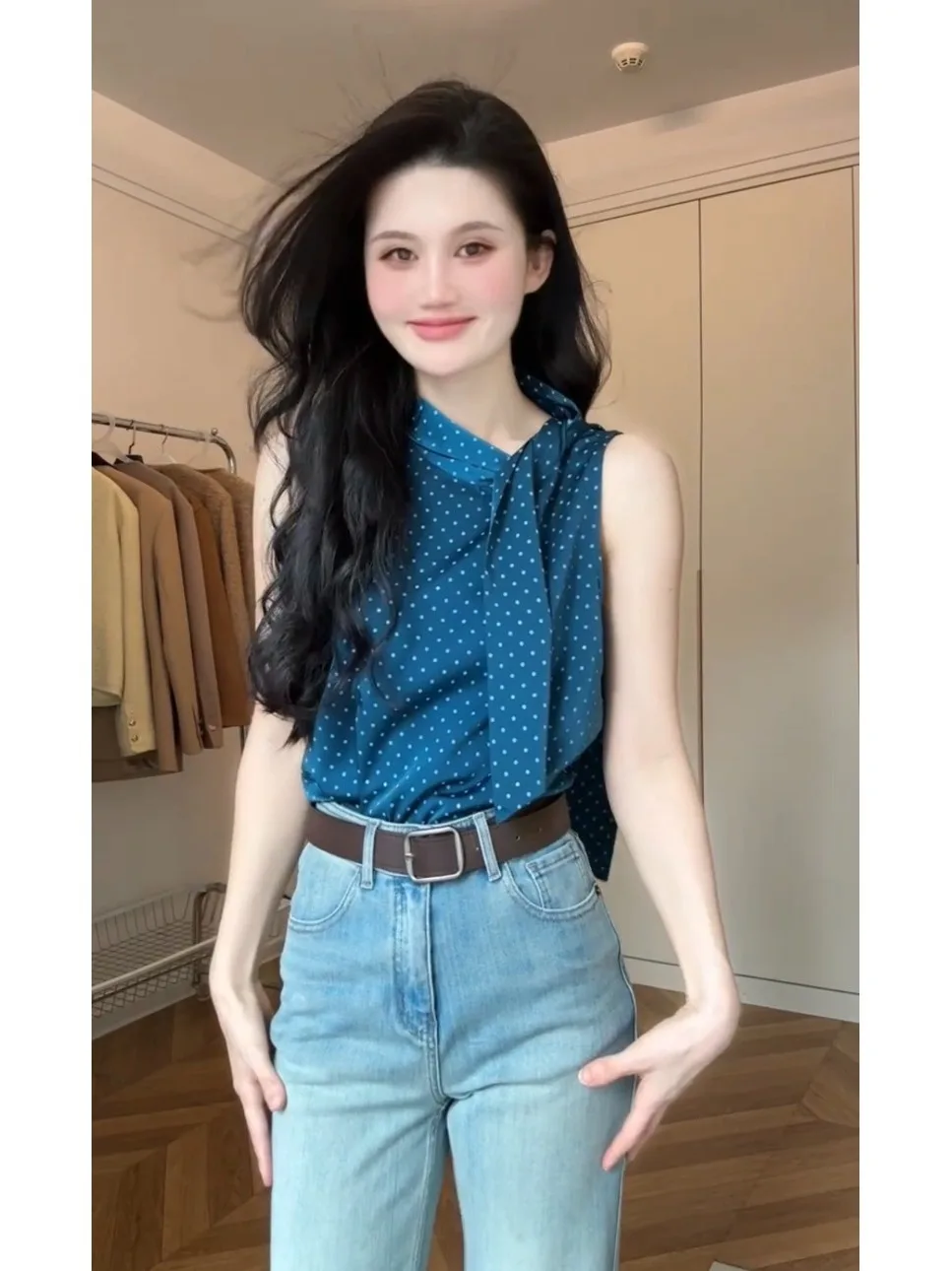 Blue Polka Dot Sash Sleeveless Shirt Women's Spring Summer Design Sensation  High Intelligence Light Human Style Beautif...
