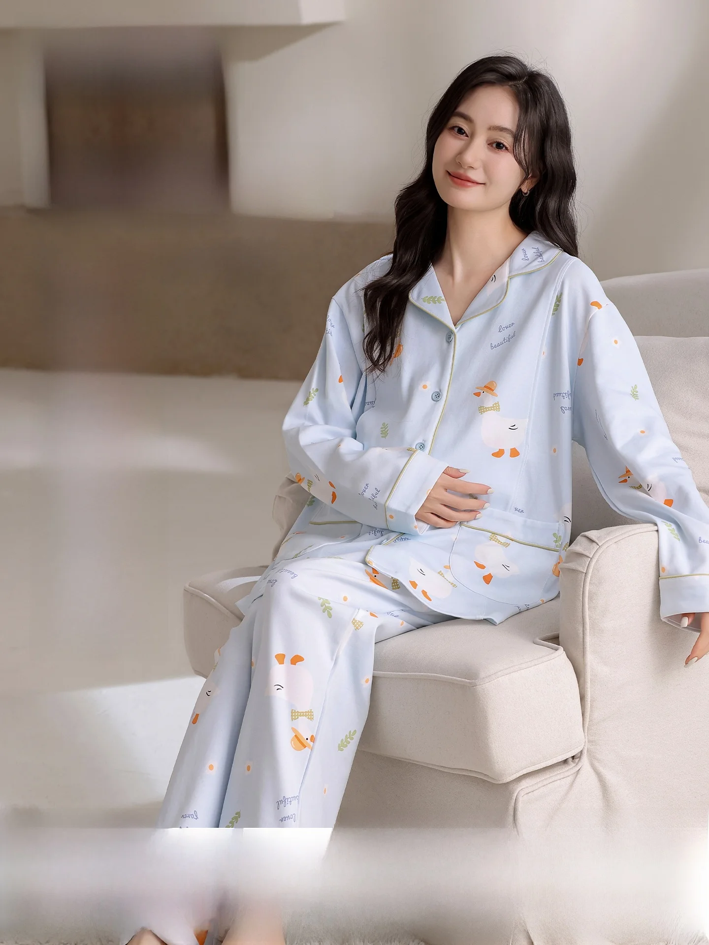 pure-cotton-sweat-absorbing-maternity-sleepwear-feeding-nursing-home-clothes-air-conditioned-comfortable-long-sleeve-loose-fit