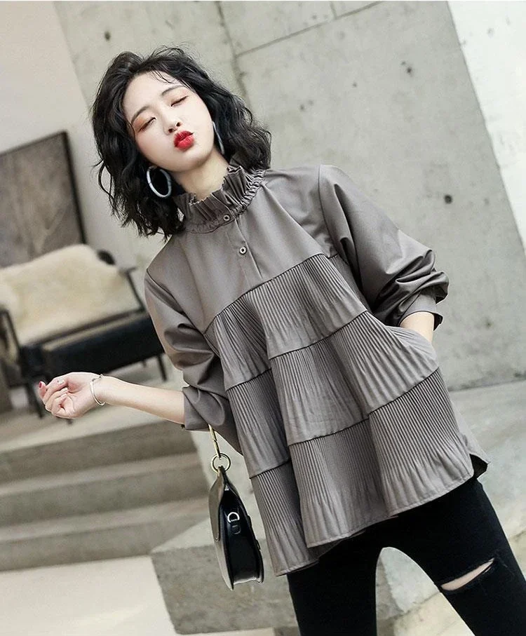 Women Blouse 2022 New Fashion Korean Summer Autumn Spring Casual  Solid  Puff Sleeve  Acetate Folds Chiffon Full Casual Shirts
