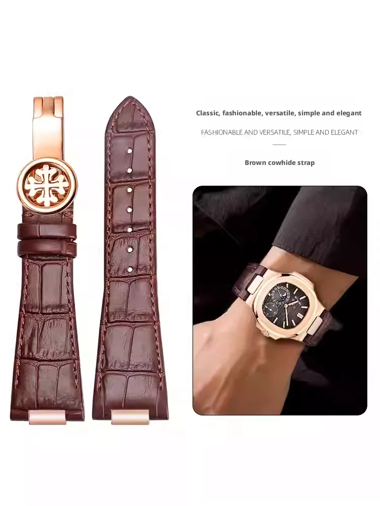 Cowhide leather calfskin watchband for Patek Philippe Nautilus watchstrap stainless steel butterfly buckle metal insert strap