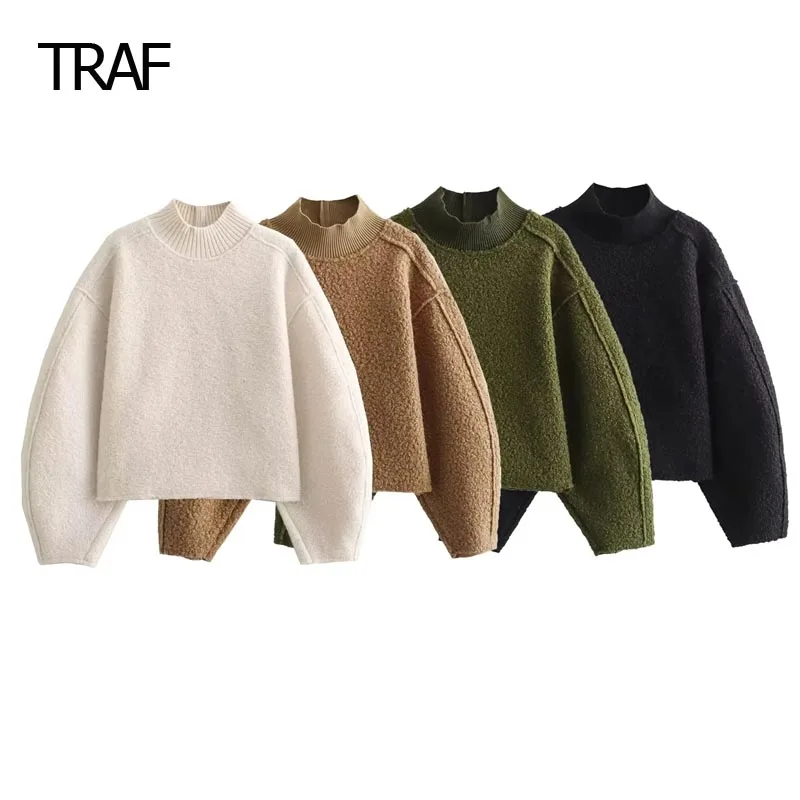 TRAF Cropped Tweed Hoodies Women\'s Pullovers Autumn Winter O-Neck Long Sleeve Top New In Hoodies Korean Style Fashion Sweatshirt