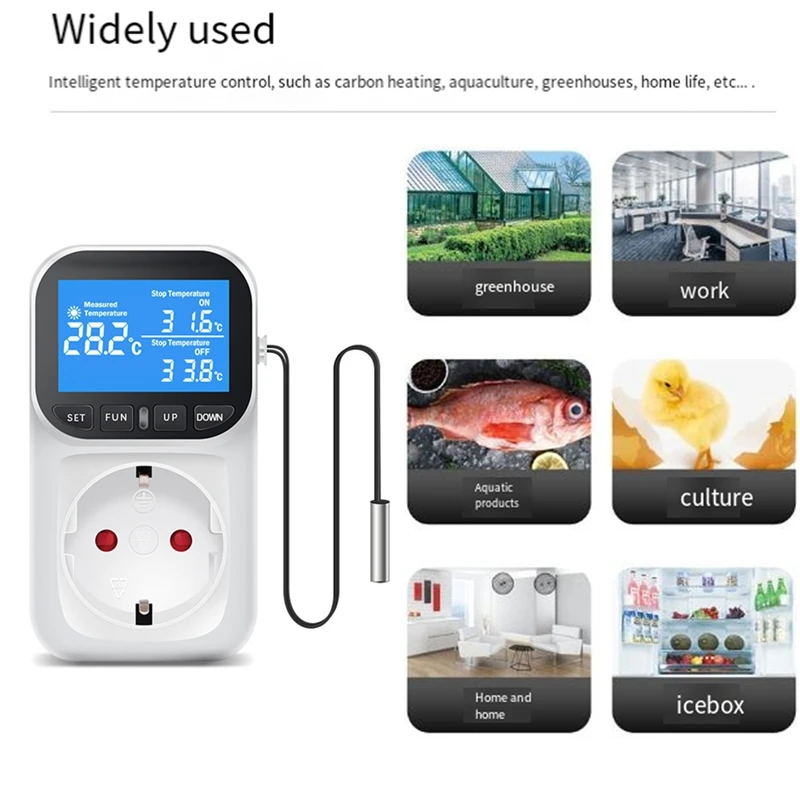 ABBN-Digital Temperature Controller Socket Outlet Thermostat With Sensor Probe Heating Cooling Switch Backlight EU Plug