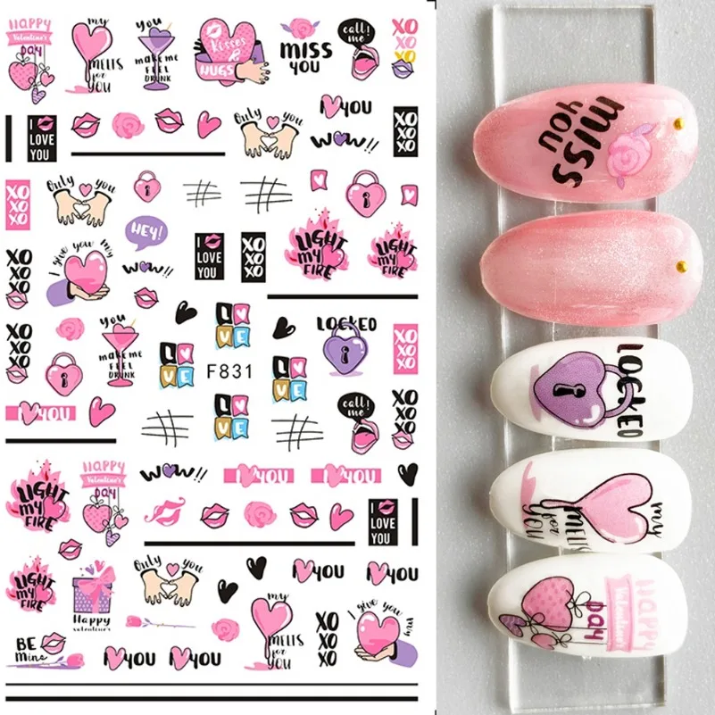 3D Black Heart Nail Stickers Love Valentine Cute Cartoon Couple Letter Self Adhesive Wrap Slider DIY Manicure Accessories Tips