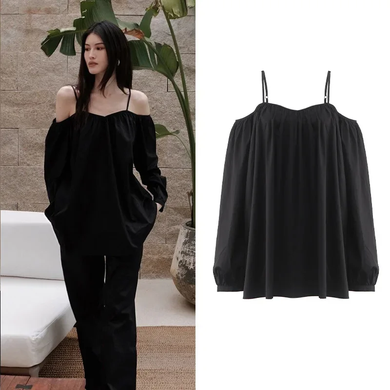 

Kpop Korean Singer Summer Ladies Sexy Black Pullover Blouses Long Sleeve Sling Fashion Shirts Y2k Loose Off-Shoulder Women Tops