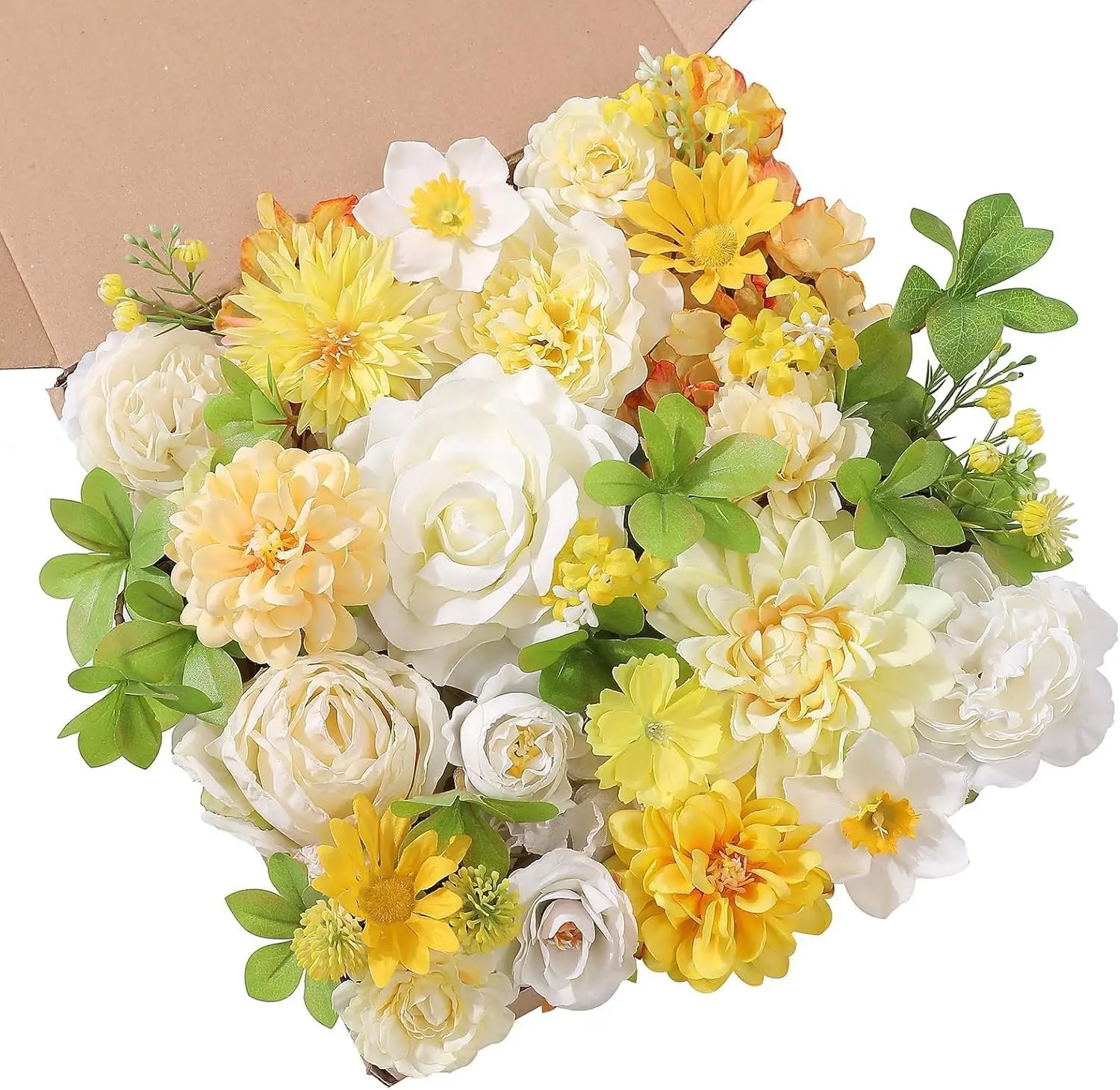 

Artificial Flowers Combo Box Set White Yellow Roses Dahlia Fake Silk Flowers with Stems for DIY Wedding Bridal Bouquets,
