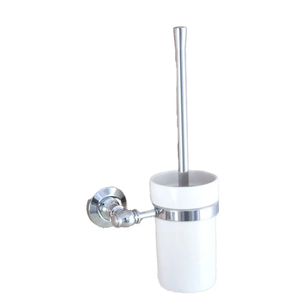 Polished Chrome Brass Wall Mounted Toilet Brush & Holder Set White Brush Ceramic Cup Bathroom Accessory aba795