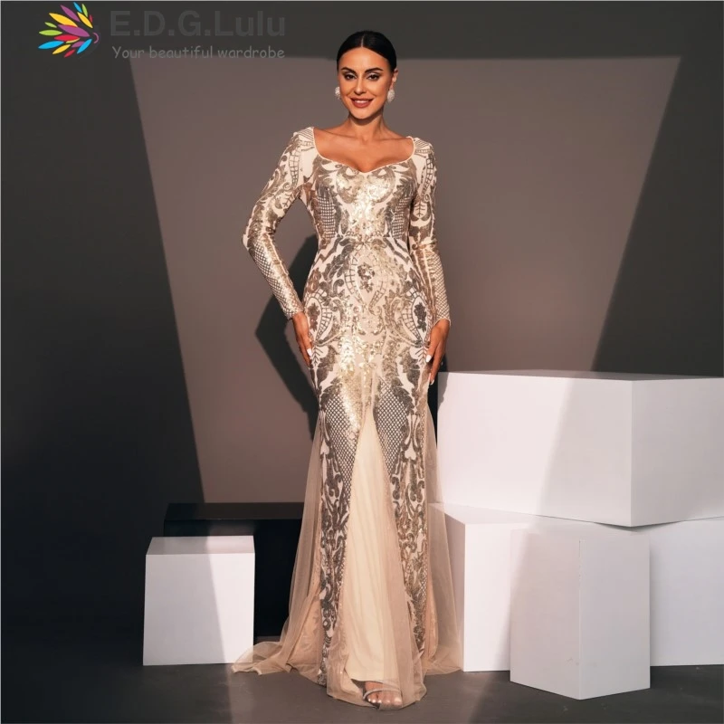 

EDGLuLu Runway Luxury Designer 2024 Square Neck Printed Gold Sequins Patchwork Mesh Elegant Dress Party Long Evening Dress 0624