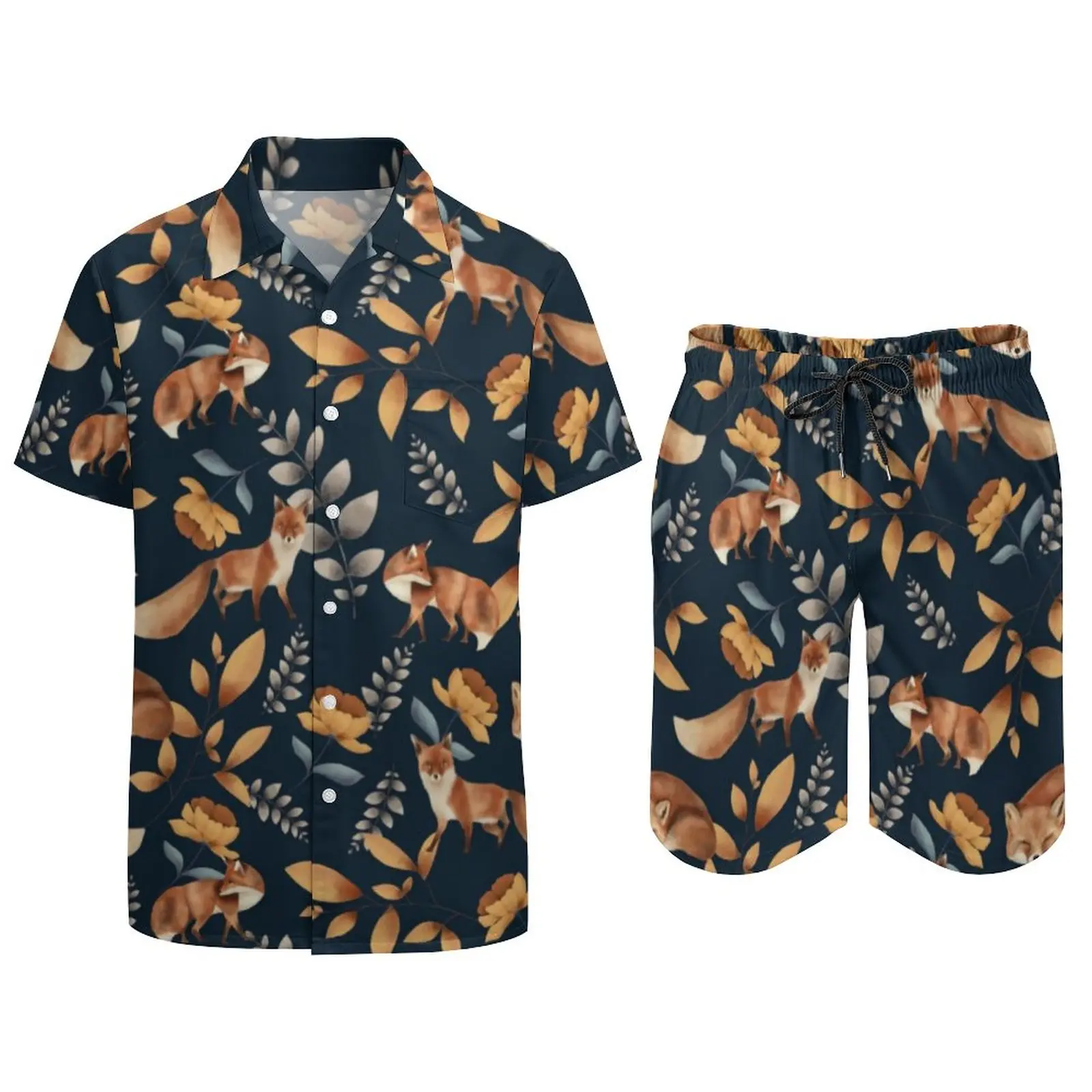 Conjunto de pantalones cortos con estampado Floral para hombre, ropa de playa informal moderna con estampado de zorro y Animal salvaje, traje de moda de verano de manga corta de gran tamaño