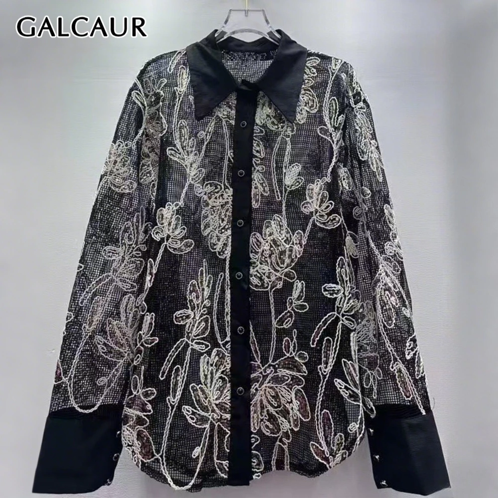 

GALCAUR Solid Spliced Hollow Out Chic Shirt Female Lapel Long Sleeve Loose Light Luxury Women's Shirts Autumn Fashion New Style