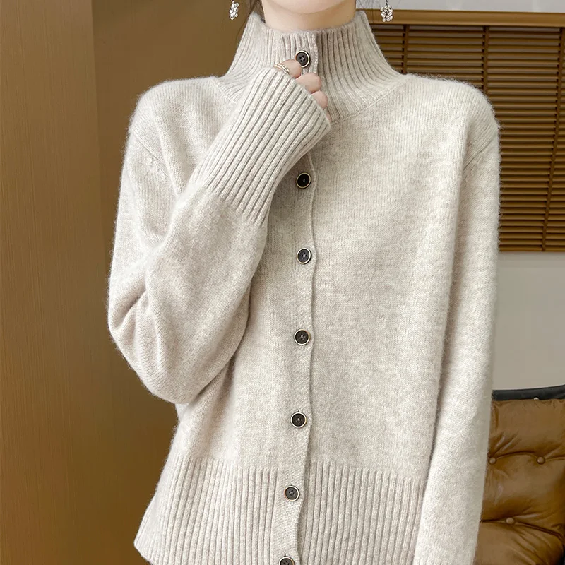 2024 autumn and winter new women's stand collar 100% pure wool fashionable casual versatile cardigan