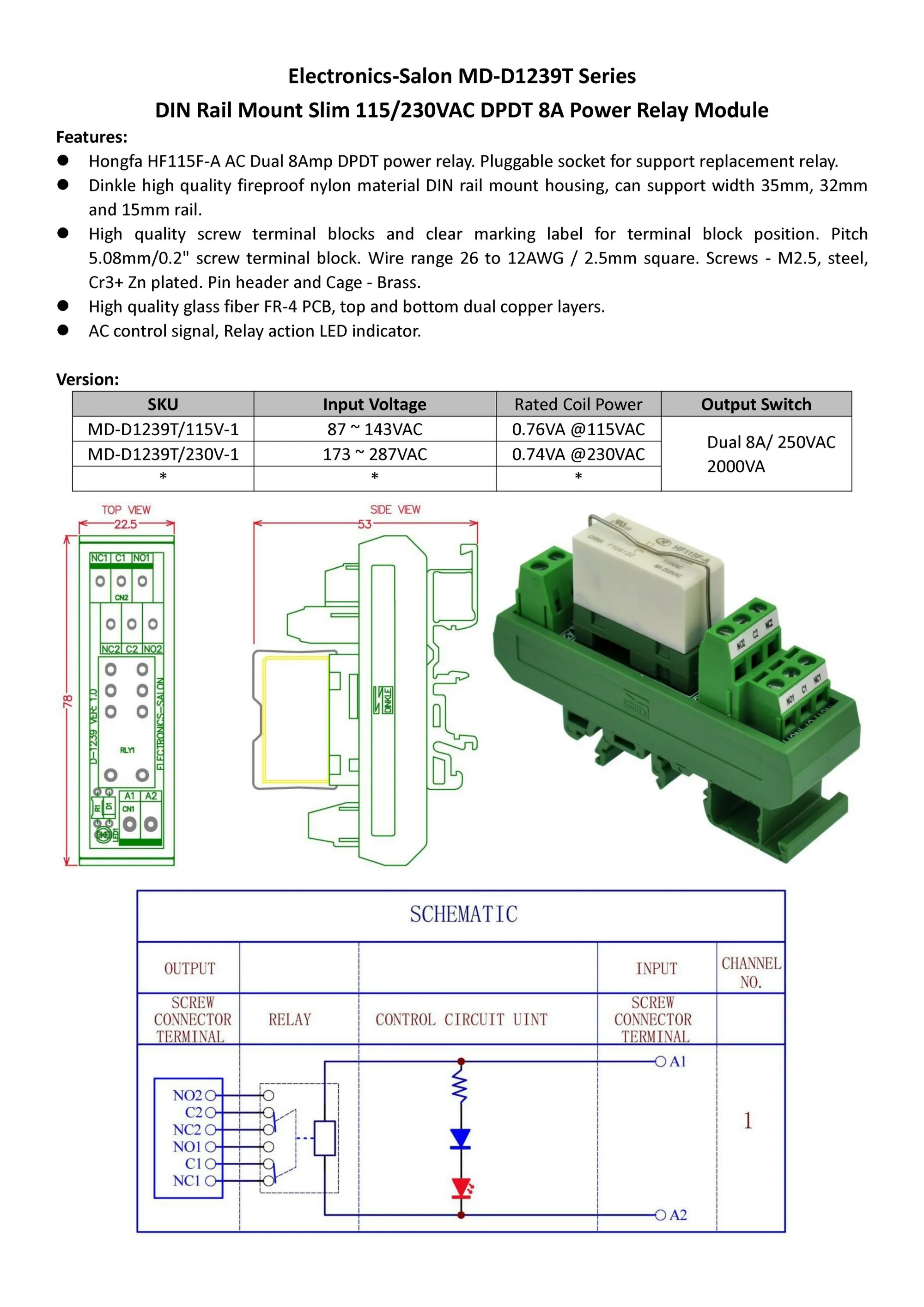 ELECTRONICS-SALON AC 115V Slim DIN Rail Mount 8Amp DPDT Power Relay Interface Module,  115VAC.