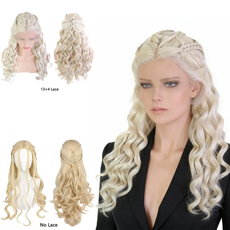Daenerys Targaryen Cosplay Wig 13×4 Front Lace Blonde Long Curly Braided Heat Resistant Synthetic Hair For Women Halloween Party