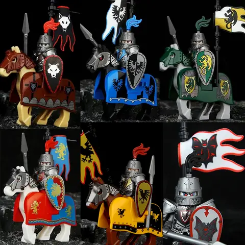 Figuras de acción de escudo de los caballeros del cuervo del dragón verde MOC, escena de caballeros antiguos medievales, bloques de construcción, juguetes creativos para niños