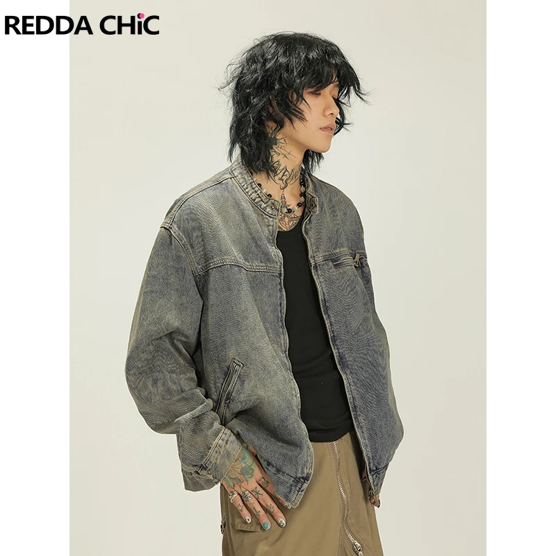 REDDACHIC Men Stand Collar Zip-up Denim Jacket Solid Distressed Long Sleeves Casual Bomber Coat Moto Biker Hiphop 90s Streetwear